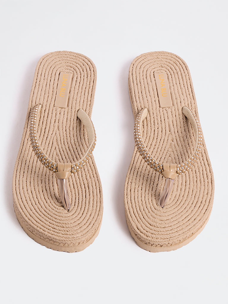 LUNA BLU Light Beige Embellished Thong-Strap Flip-Flops