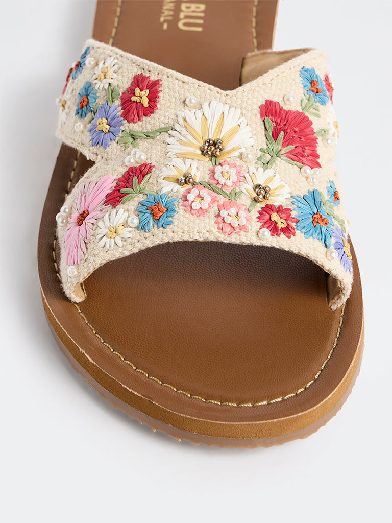 LUNA BLU Multicolour Floral Embroidered Raffia Slides