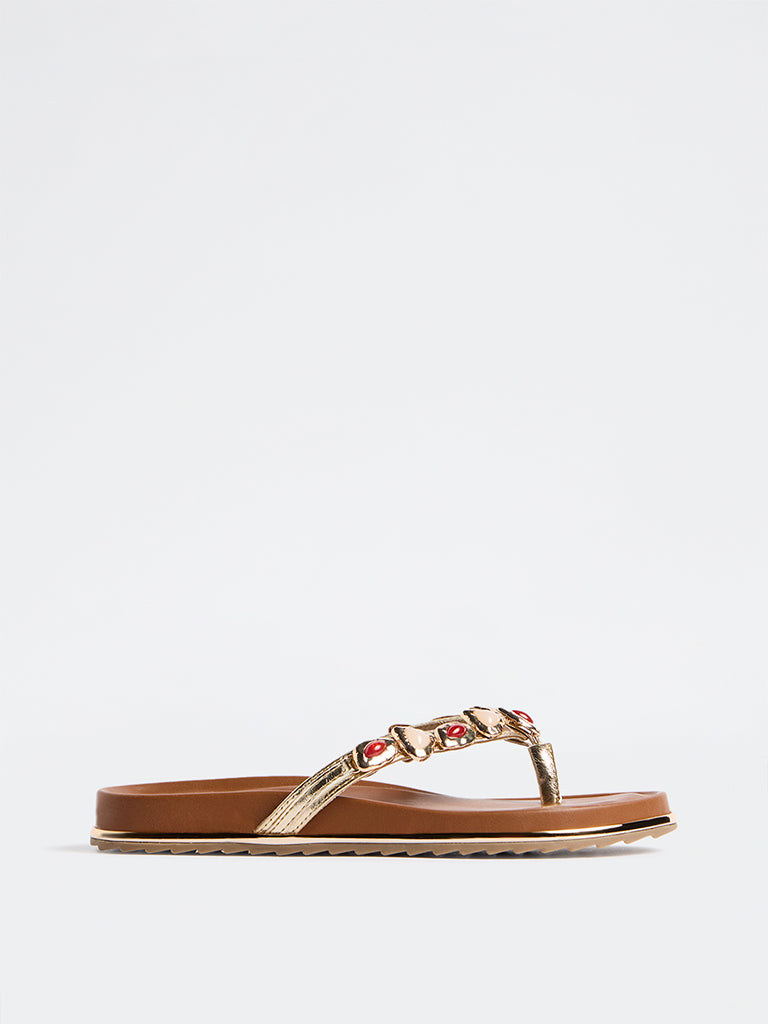 LUNA BLU Tan Embellished Thong-Strap Sandals