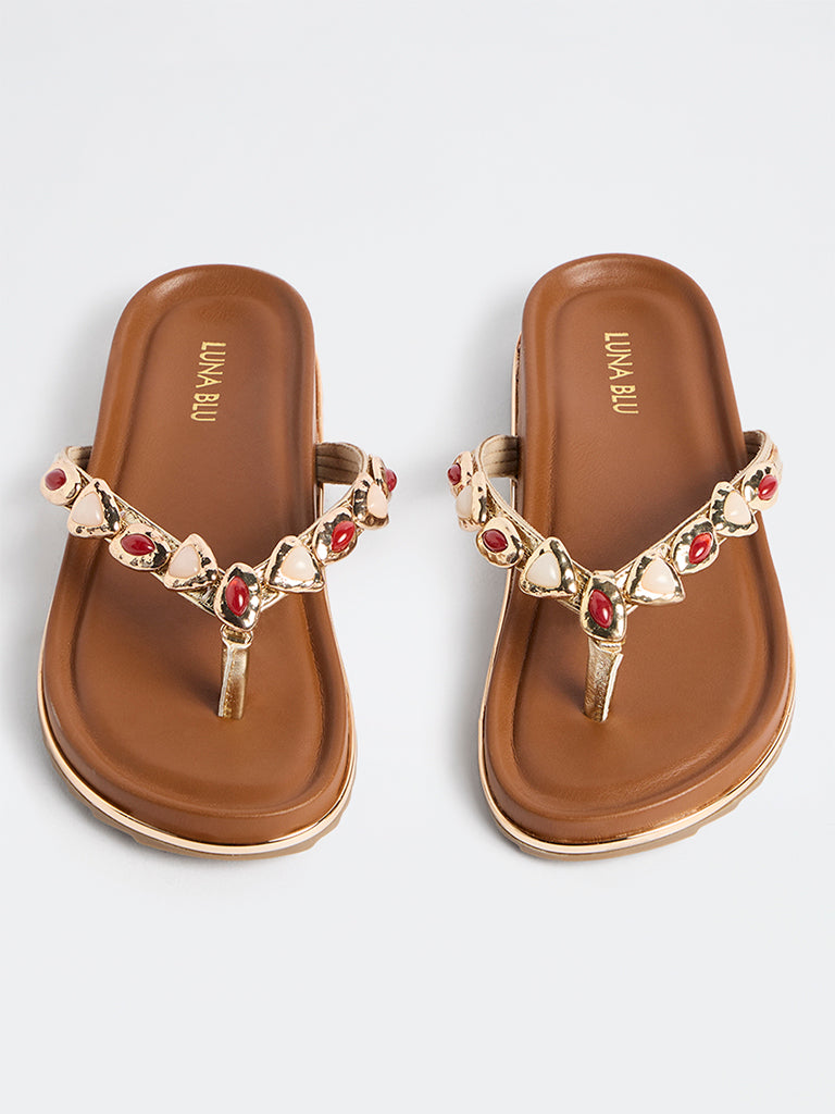 LUNA BLU Tan Embellished Thong-Strap Sandals