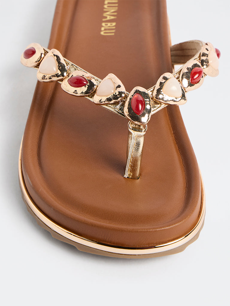 LUNA BLU Tan Embellished Thong-Strap Sandals