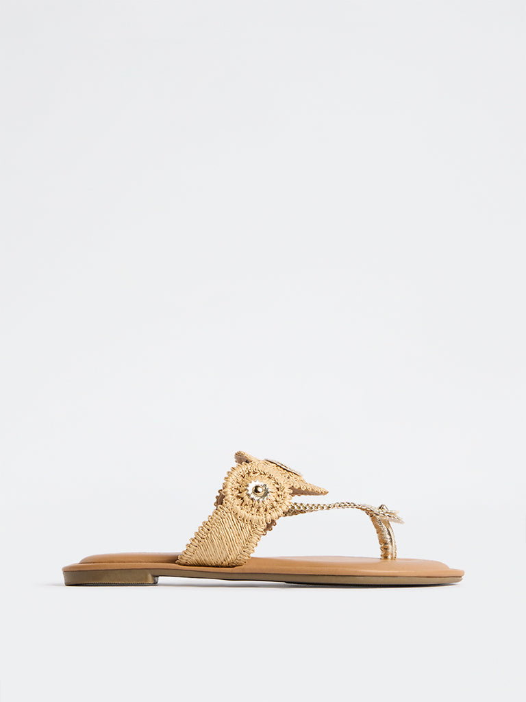 LUNA BLU Beige Raffia Woven Kolhapuri Sandals