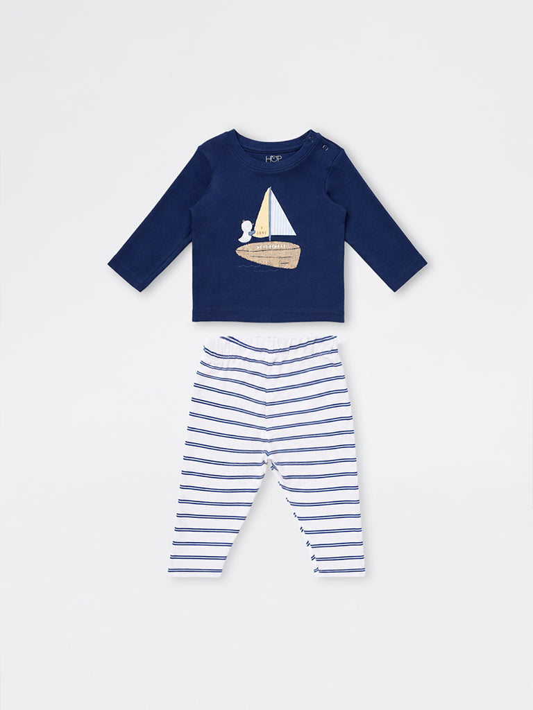 HOP Baby Boys Navy Printed Cotton T-Shirt and Pants Set
