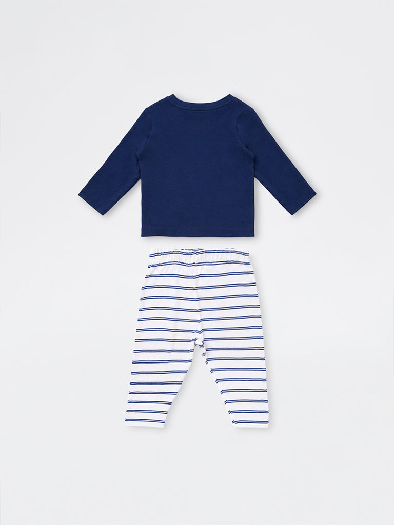 HOP Baby Boys Navy Printed Cotton T-Shirt and Pants Set