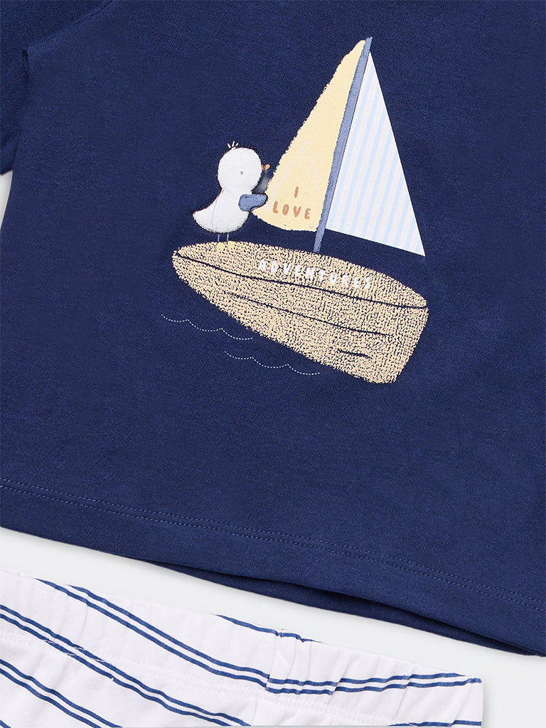 HOP Baby Boys Navy Printed Cotton T-Shirt and Pants Set