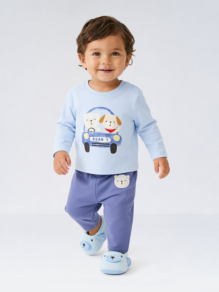HOP Baby Boys Light Blue Animal Printed Cotton T-Shirt and Pants Set