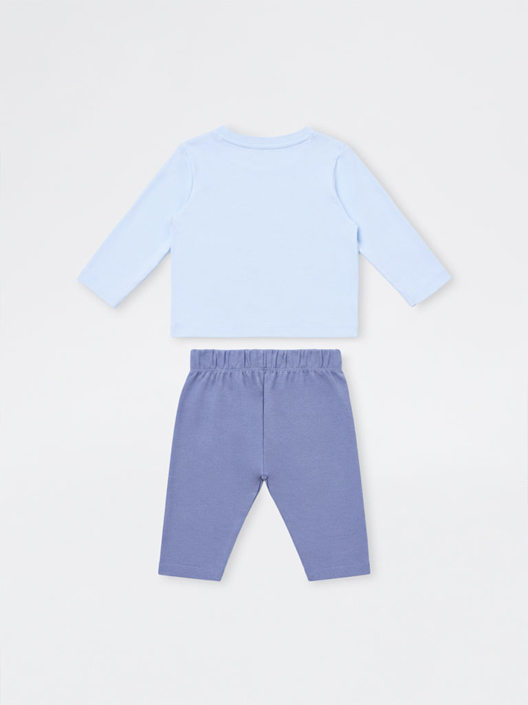 HOP Baby Boys Light Blue Animal Printed Cotton T-Shirt and Pants Set