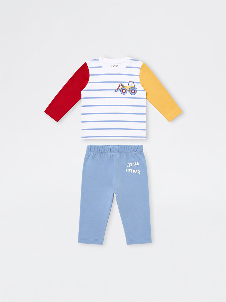HOP Baby Boys Multicolour Striped Cotton T-Shirt and Pants Set