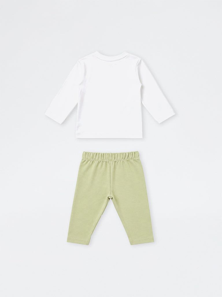 HOP Baby Boys White Printed Cotton T-Shirt with Pants Set