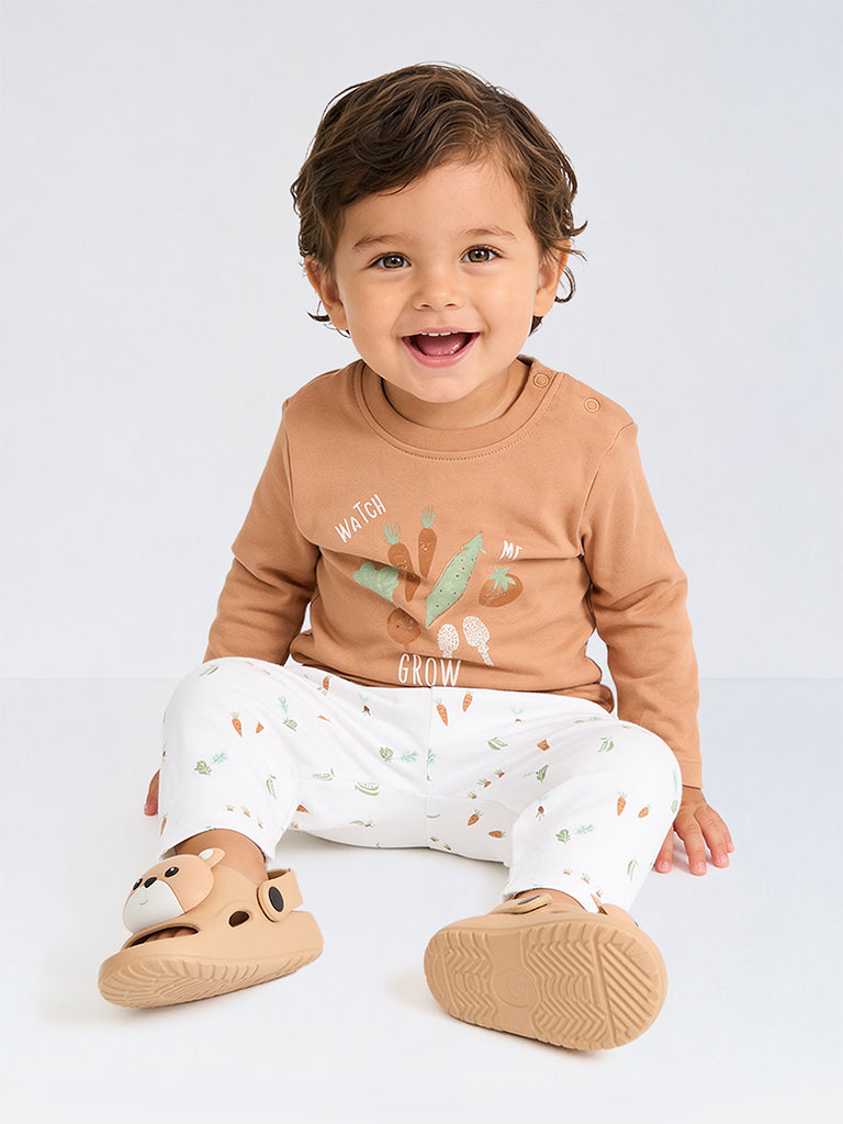 HOP Baby Boys Orange Printed Cotton T-Shirt and Pants Set