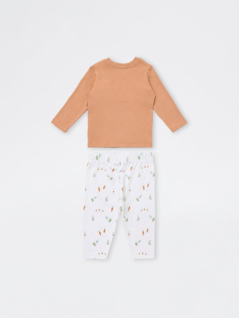 HOP Baby Boys Orange Printed Cotton T-Shirt and Pants Set