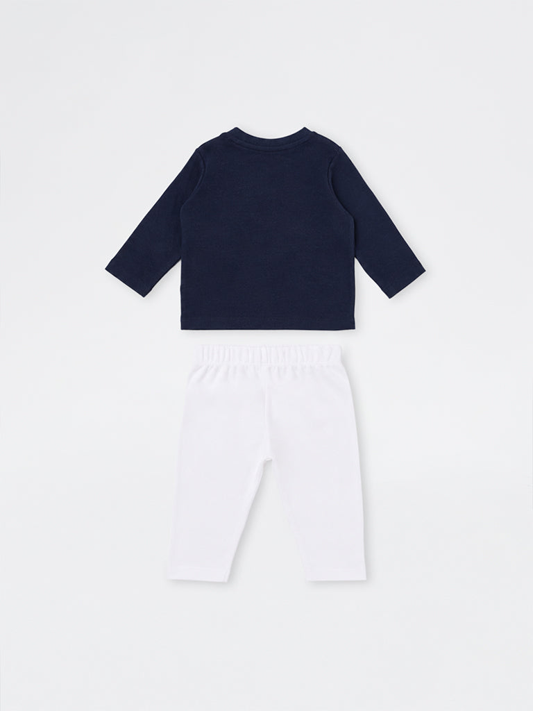 HOP Baby Boys Navy Bird Printed Cotton T-Shirt and Pants Set
