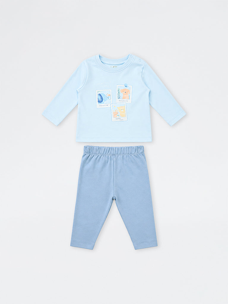 HOP Baby Boys Blue Printed Cotton T-Shirt with Pants Set