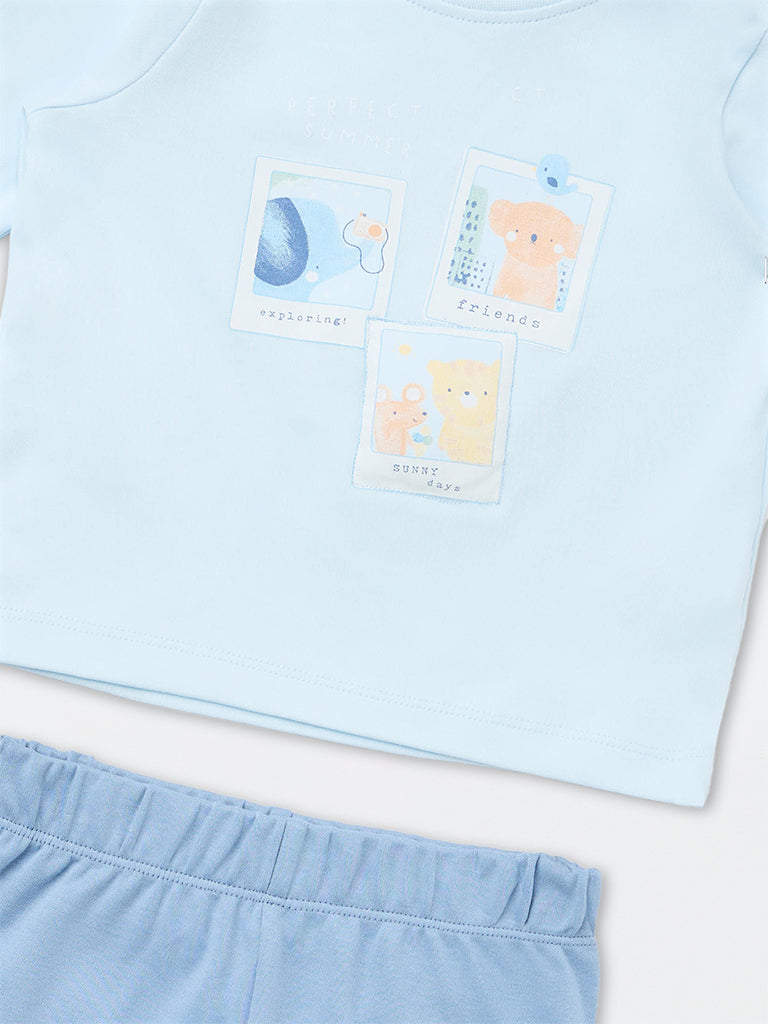 HOP Baby Boys Blue Printed Cotton T-Shirt with Pants Set