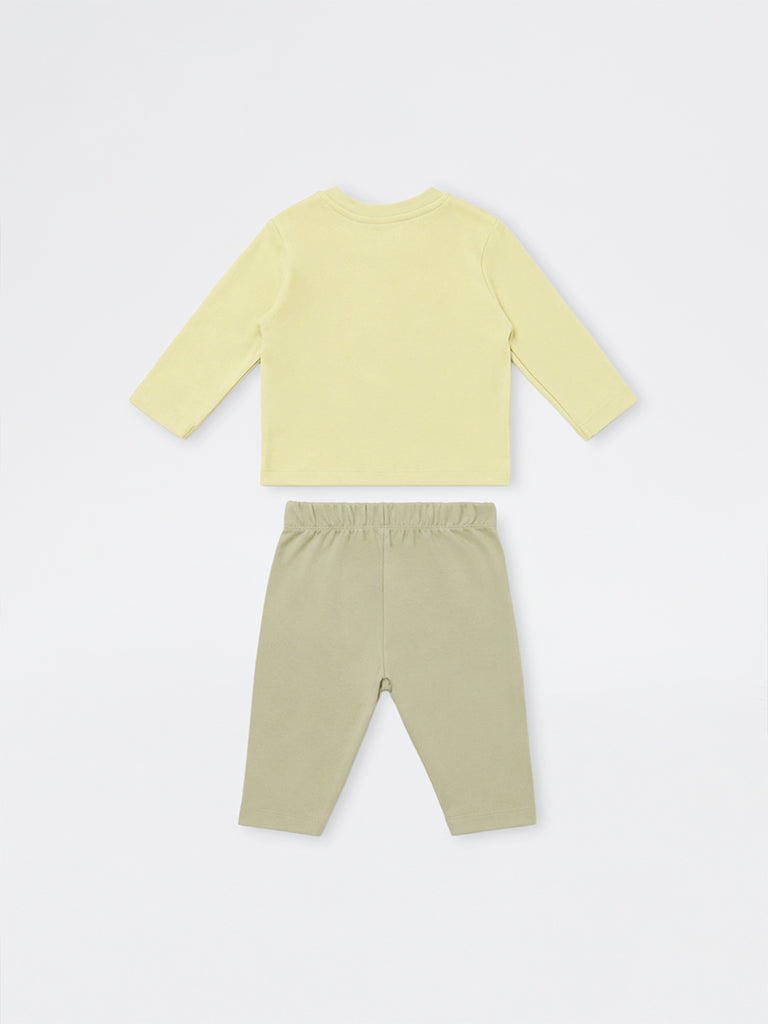 HOP Baby Boys Sage Green Graphic Printed Cotton T-Shirt and Pants Set
