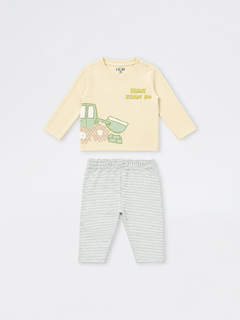 HOP Baby Boys Yellow Printed Cotton T-Shirt and Pants Set