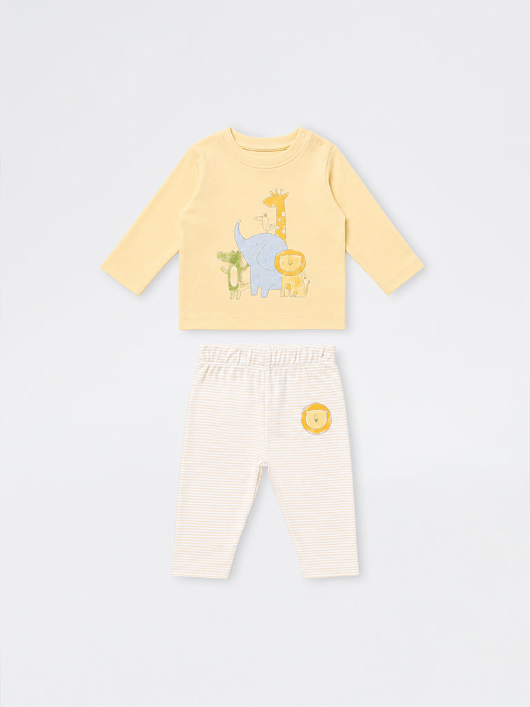 HOP Baby Boys Yellow Animal Printed Cotton T-Shirt and Pants Set