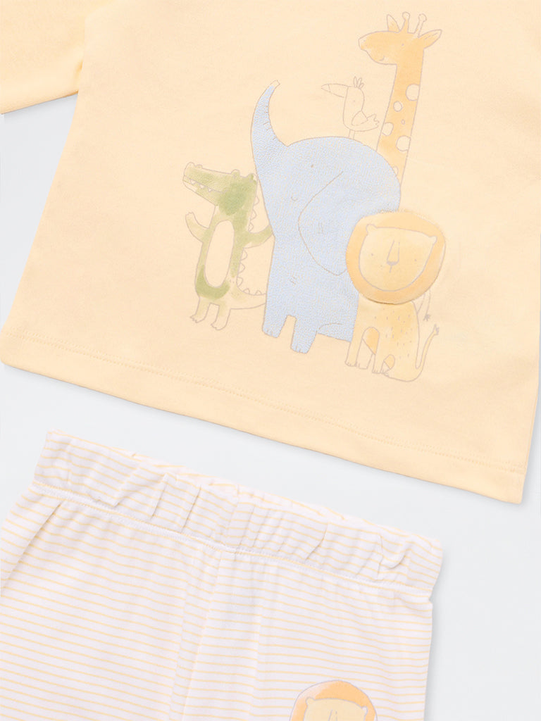 HOP Baby Boys Yellow Animal Printed Cotton T-Shirt and Pants Set