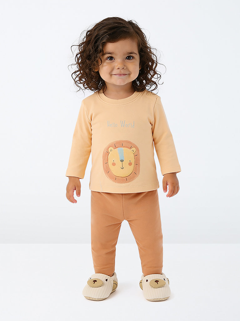 HOP Baby Girls Peach Animal Printed Cotton T-Shirt and Pants Set
