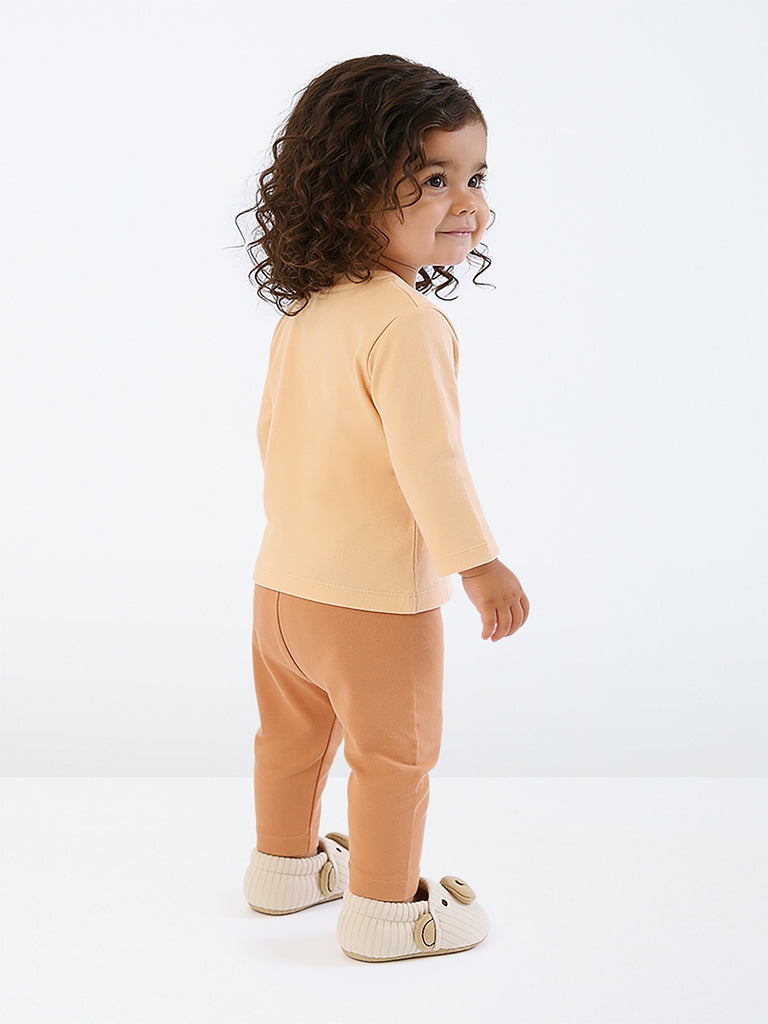 HOP Baby Girls Peach Animal Printed Cotton T-Shirt and Pants Set