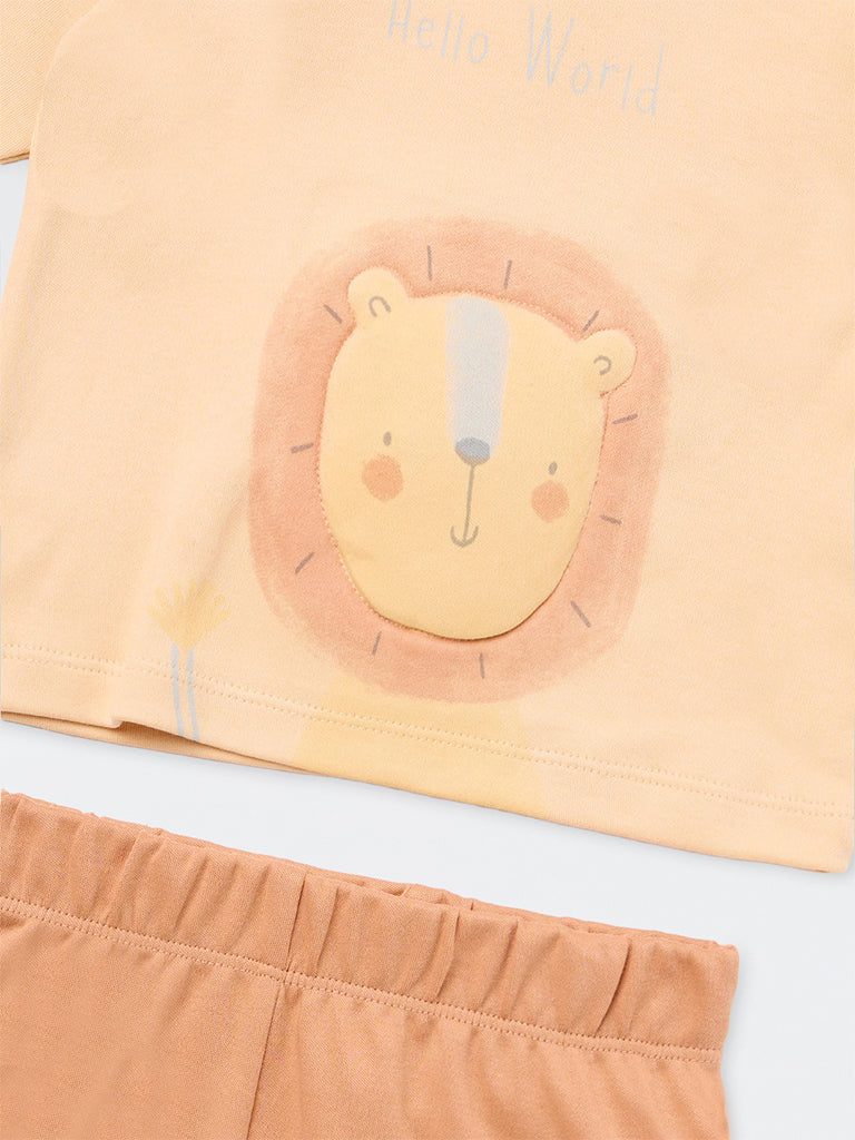HOP Baby Boys Peach Animal Printed Cotton T-Shirt and Pants Set