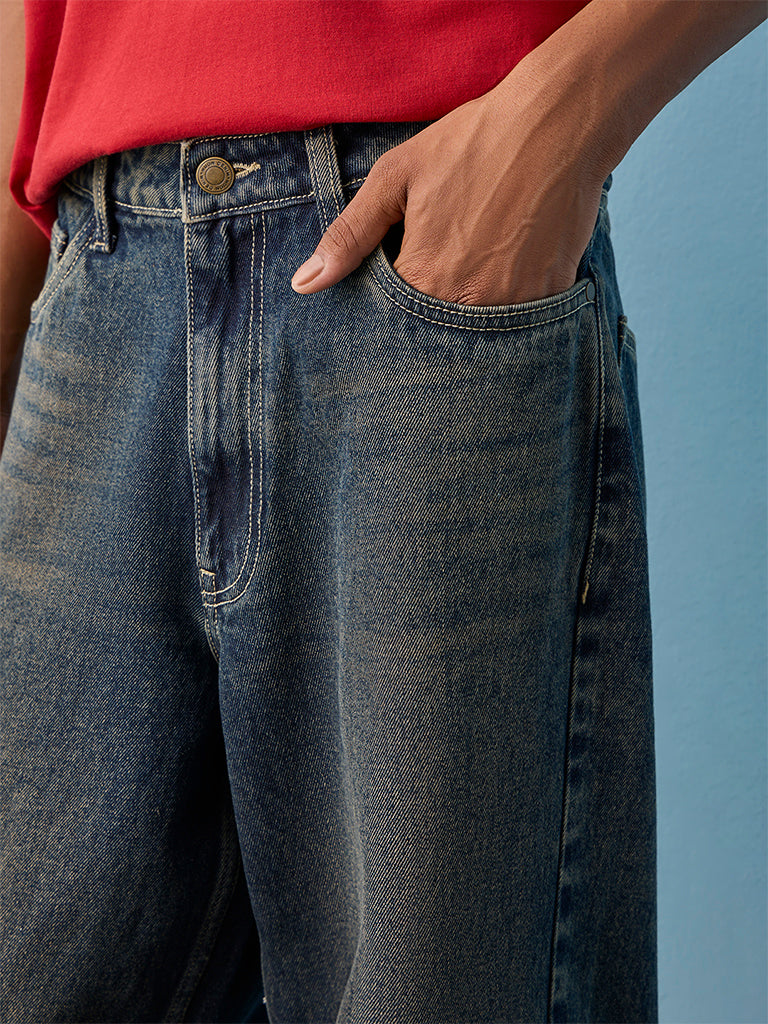 Nuon  Blue Washed Straight-Fit Jeans
