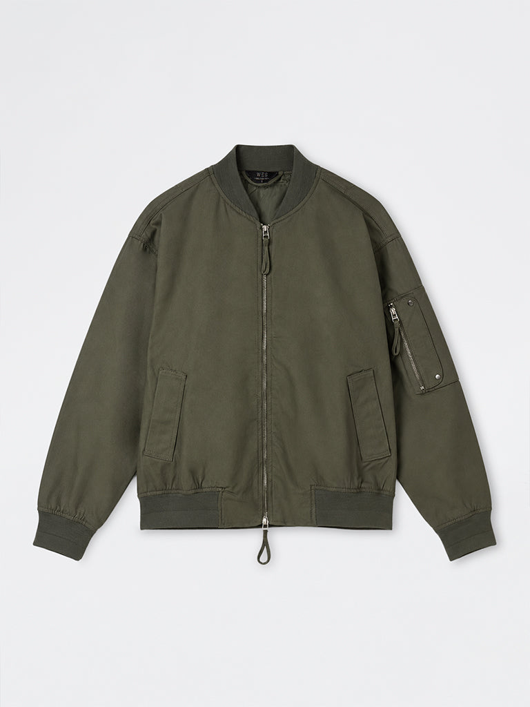 WES Casuals Dark Olive Solid Relaxed-Fit Cotton Bomber Jacket