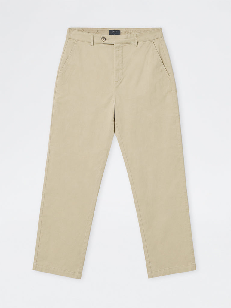 WES Casuals Beige Relaxed-Fit Mid-Rise Cotton-Blend Trousers
