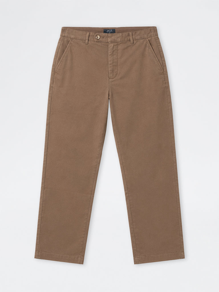 WES Casuals Brown Relaxed-Fit Mid-Rise Cotton-Blend Trousers