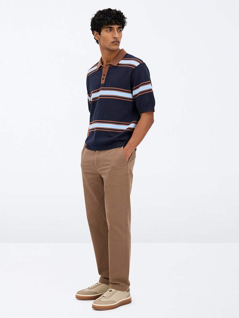 WES Casuals Brown Relaxed-Fit Mid-Rise Cotton-Blend Trousers