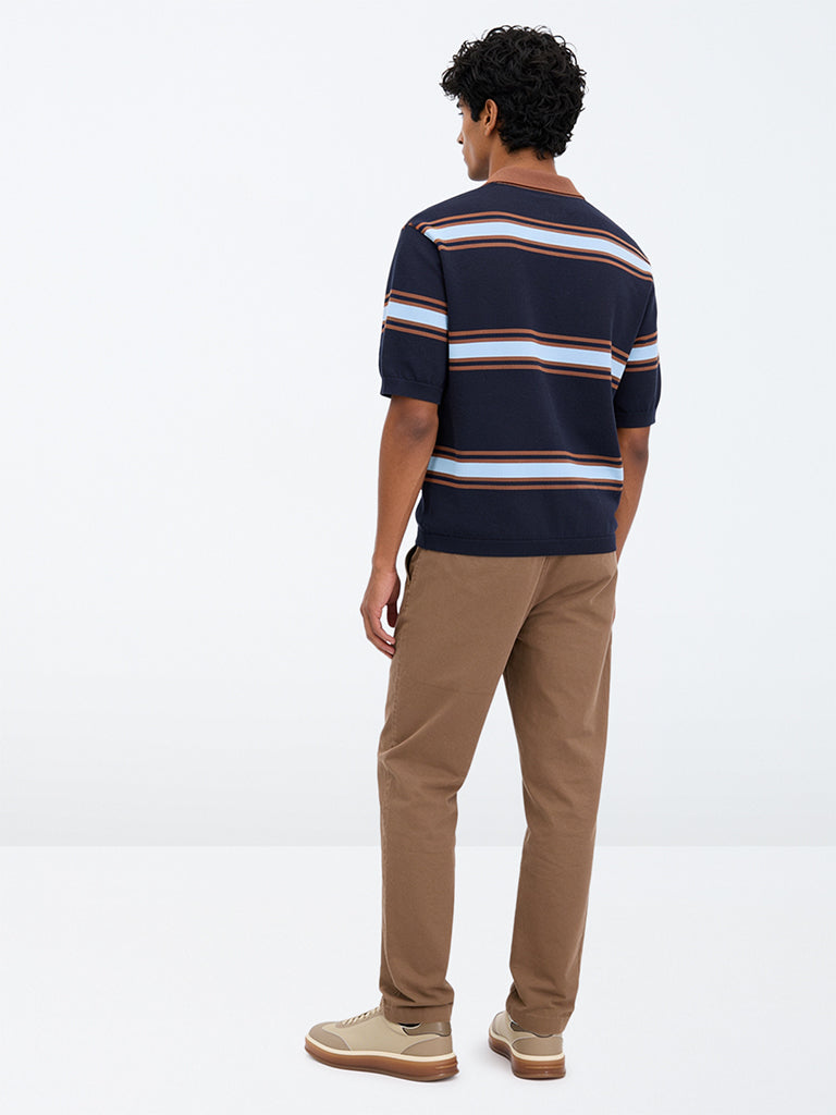 WES Casuals Brown Relaxed-Fit Mid-Rise Cotton-Blend Trousers