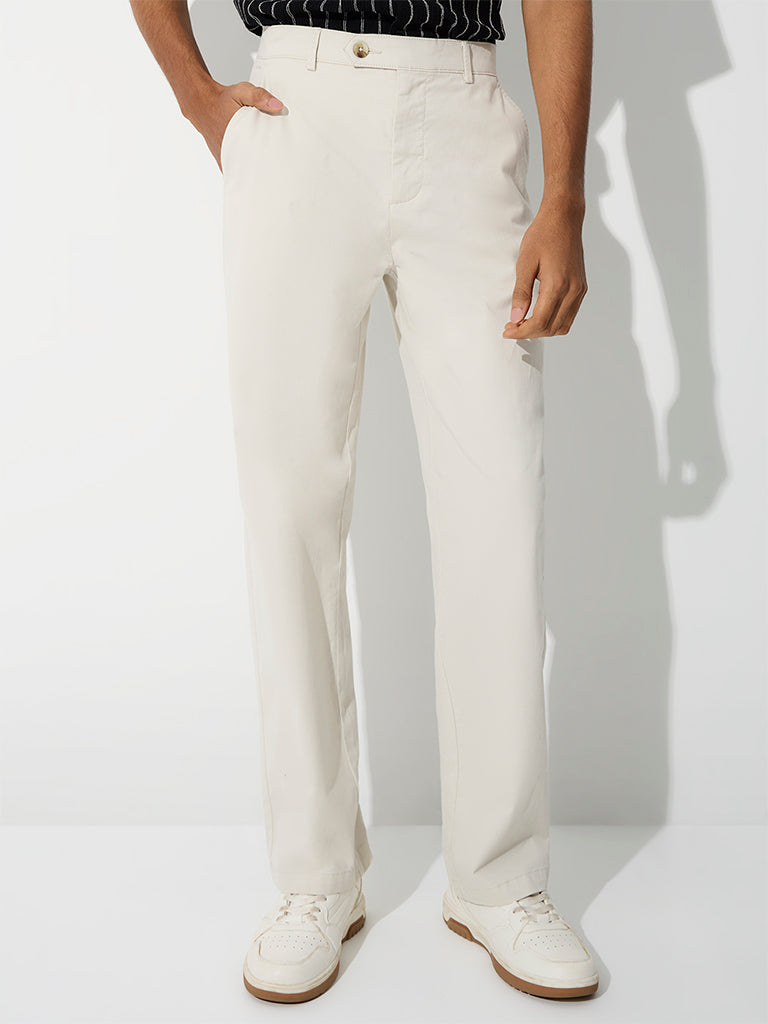 WES Casuals Off-White Relaxed-Fit Mid-Rise Cotton-Blend Trousers