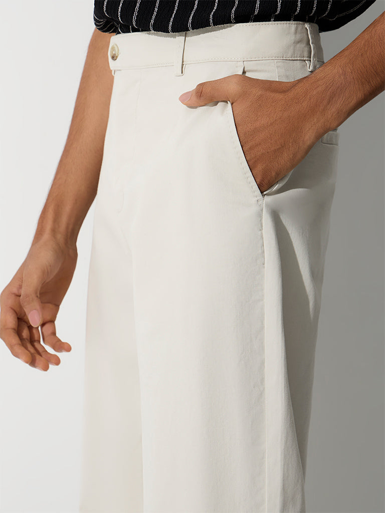 WES Casuals Off-White Relaxed-Fit Mid-Rise Cotton-Blend Trousers