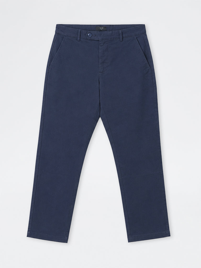 WES Casuals Navy Slim-Fit Mid-Rise Cotton-Blend Trousers