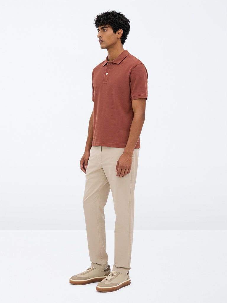 WES Casuals Taupe Slim-Fit Mid-Rise Cotton-Blend Trousers