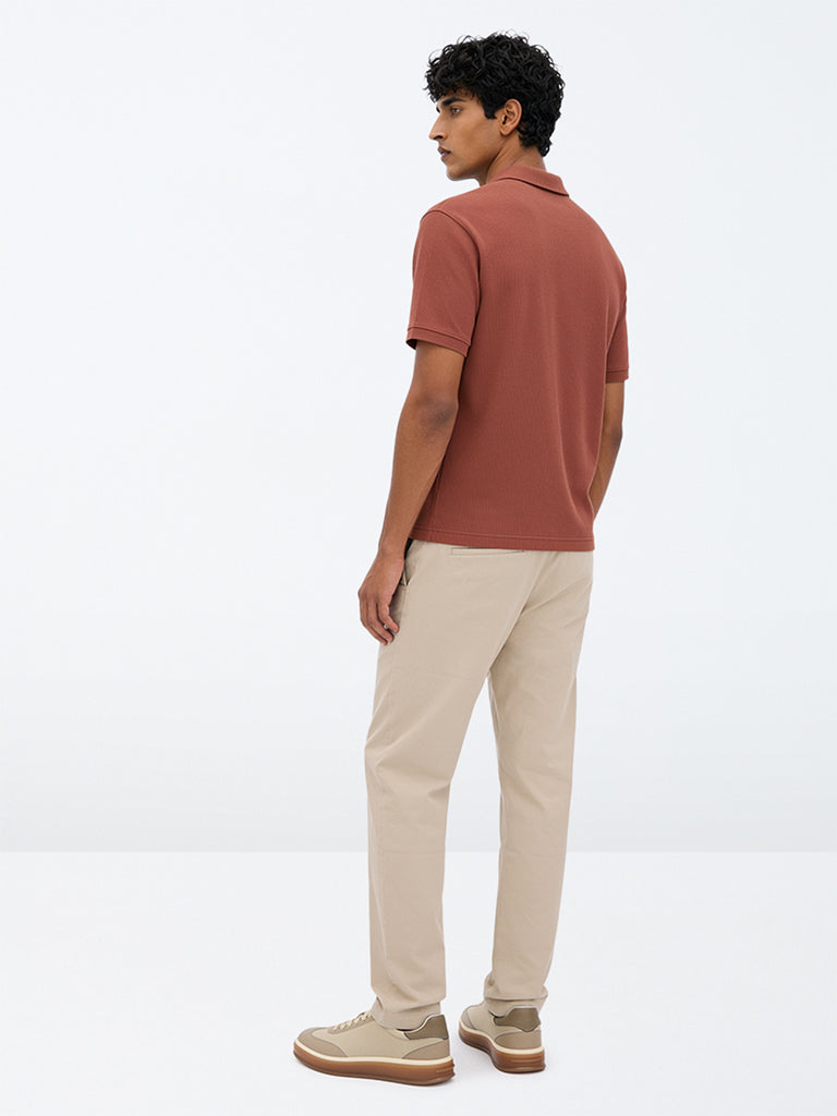 WES Casuals Taupe Slim-Fit Mid-Rise Cotton-Blend Trousers