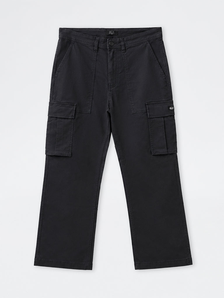 WES Casuals Black Mid-Rise Cotton-Blend Cargo Pants