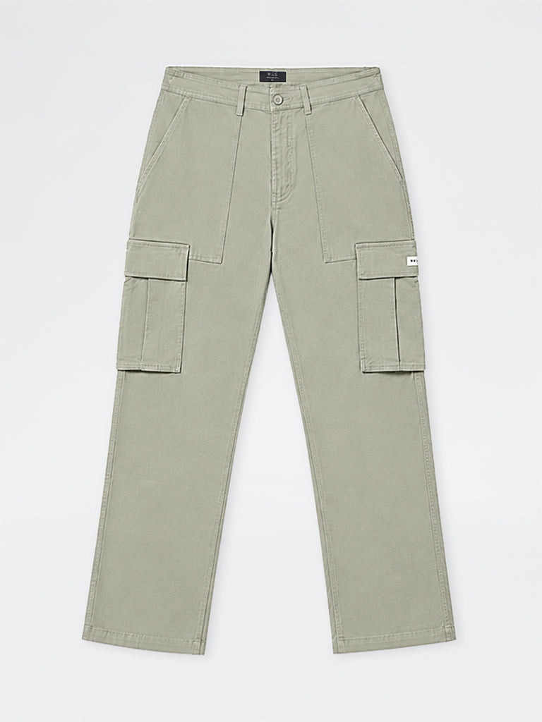 WES Casuals Light Olive Relaxed-Fit Mid-Rise Cotton Cargo Pants