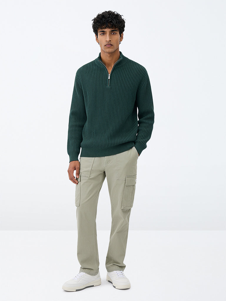 WES Casuals Light Olive Relaxed-Fit Mid-Rise Cotton Cargo Pants