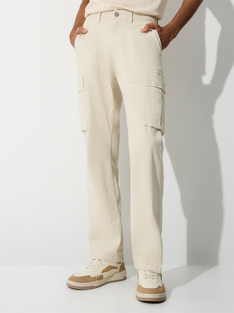 WES Casuals Ivory Relaxed-Fit Mid-Rise Cotton Cargo Pants