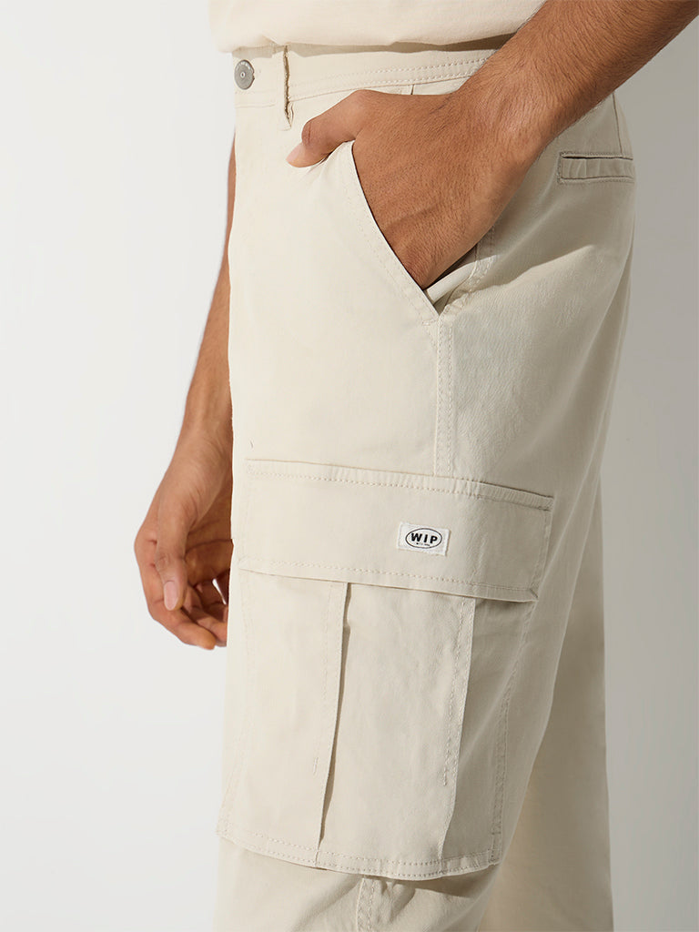WES Casuals Ivory Relaxed-Fit Mid-Rise Cotton Cargo Pants