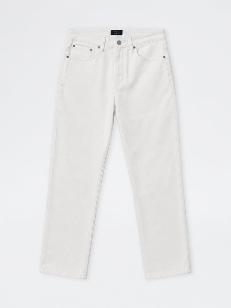 WES Casuals White Relaxed-Fit Mid-Rise Jeans