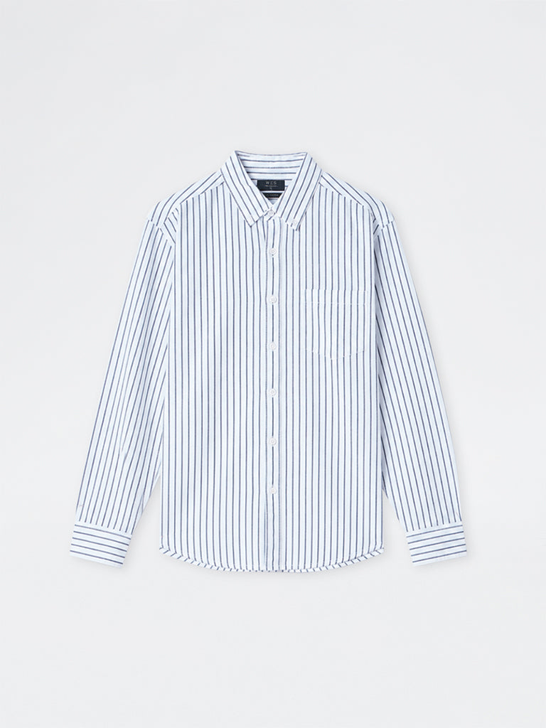 WES Casuals White Pinstripe Printed Relaxed-Fit Cotton Shirt
