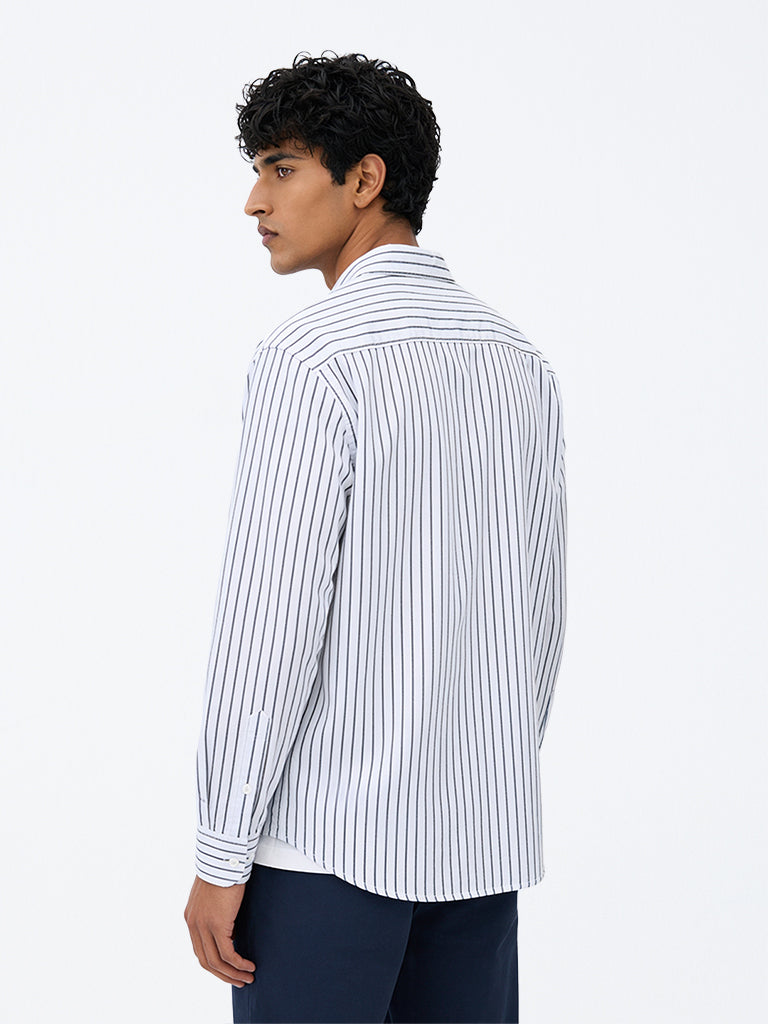 WES Casuals White Pinstripe Printed Relaxed-Fit Cotton Shirt