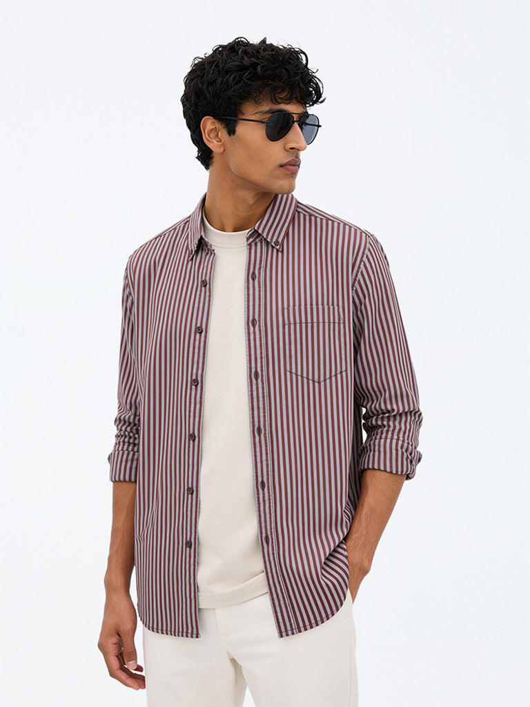 WES Casuals Brown Striped Relaxed-Fit Cotton Shirt