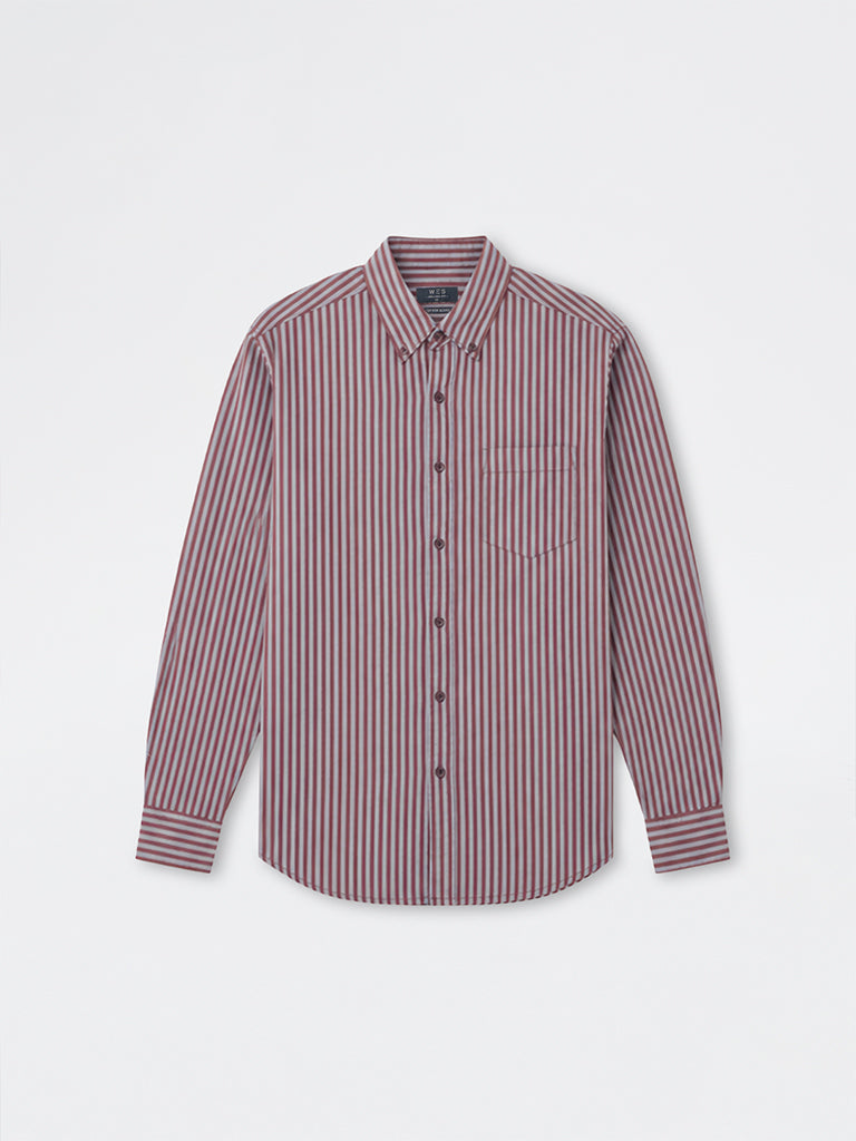 WES Casuals Brown Striped Relaxed-Fit Cotton Shirt