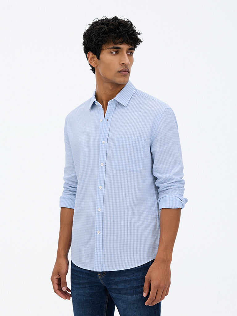 WES Casuals Light Blue Checkered Relaxed-Fit Cotton Shirt
