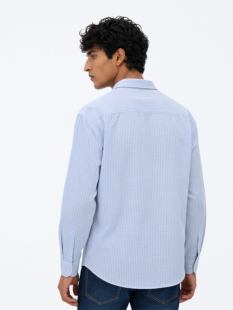 WES Casuals Light Blue Checkered Relaxed-Fit Cotton Shirt