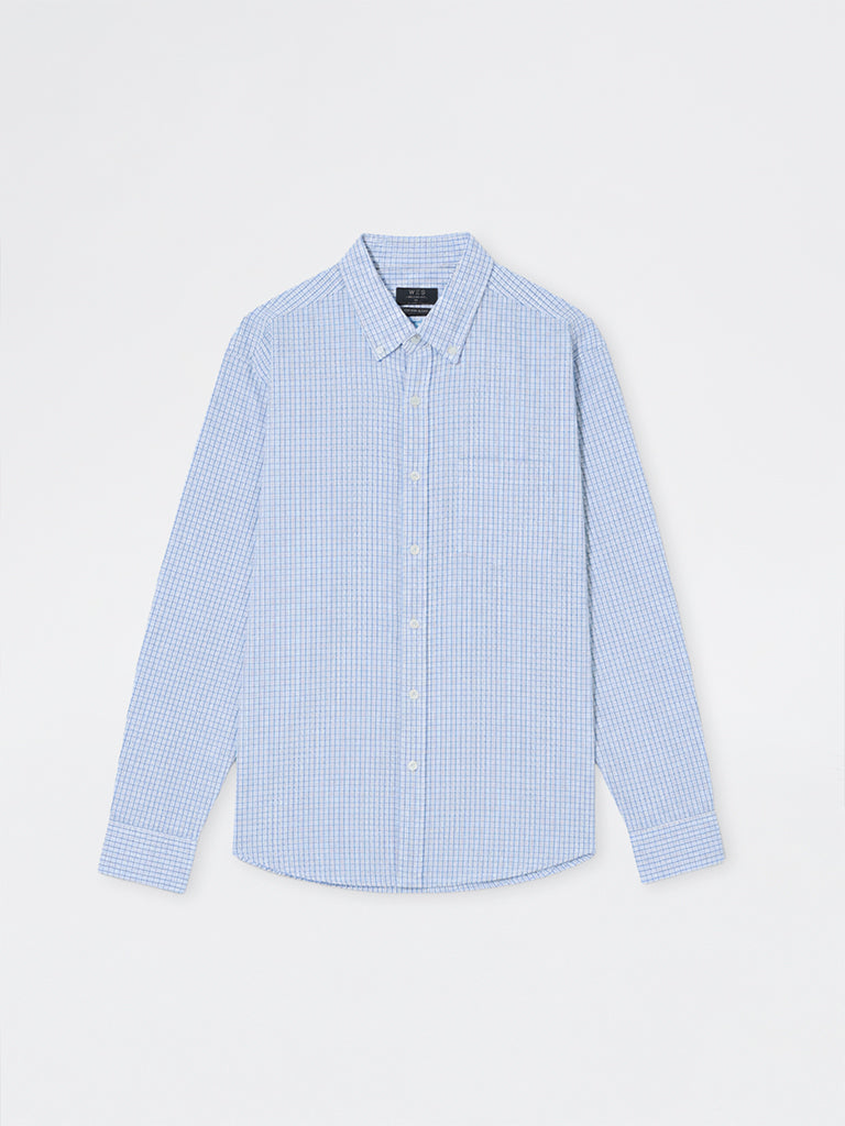 WES Casuals Light Blue Checkered Relaxed-Fit Cotton Shirt