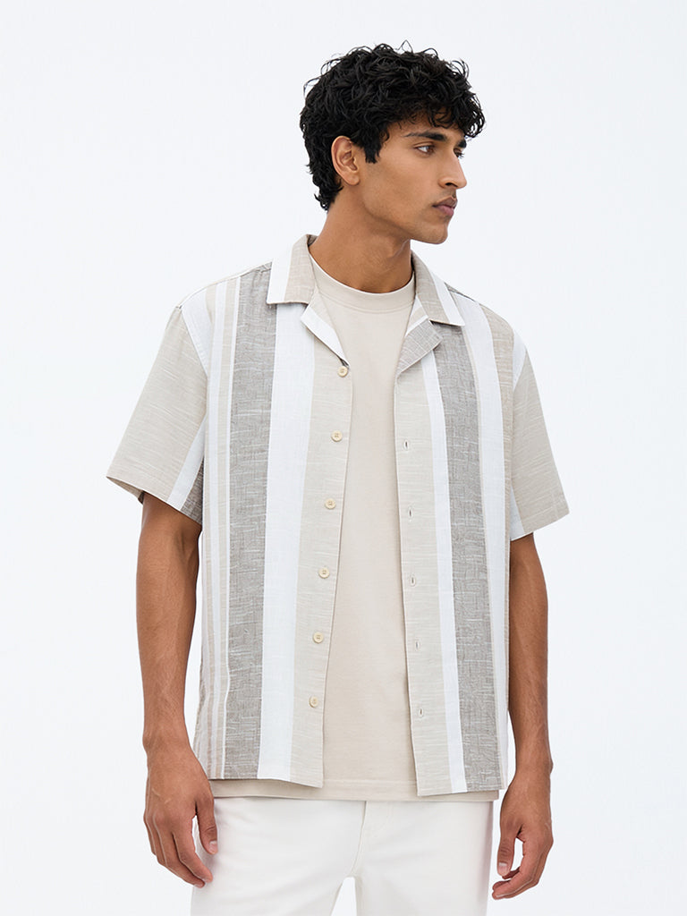 WES Casuals Taupe Striped Relaxed-Fit Cotton-Blend Shirt